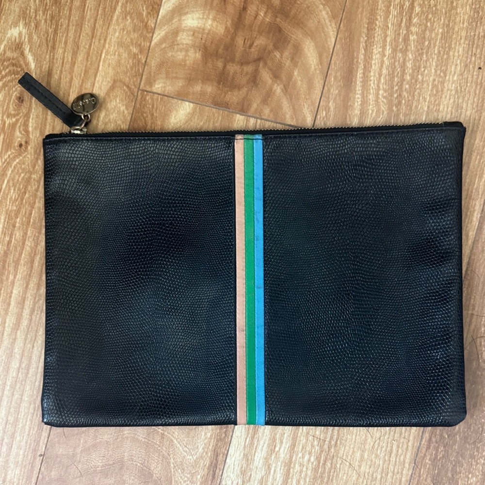 Clare v Black Leather Pouch with Blue, Green & pink Center Stripe